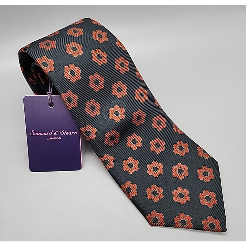 Seaward & Stearn London Neck Tie Black Red Floral English Silk 7784/266 Col. 2